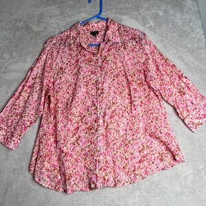 Talbots Woman Plus Size 16W Pink Floral Print Button Up Shirt 3/4 Sleeve Casual
